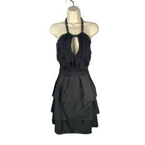BCBGMAXAZRIA Dress Womens 12 Black Tiered Cotton Silk Chiffon Beaded Halter